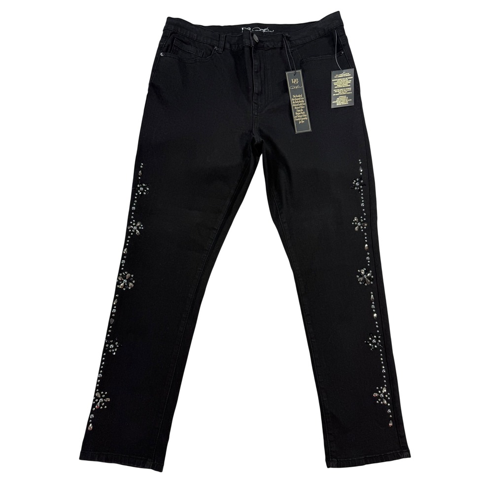 DG2 Diane Gilman Skinny Jeans Women 16W Black New Rhinestone Embellished Stretch